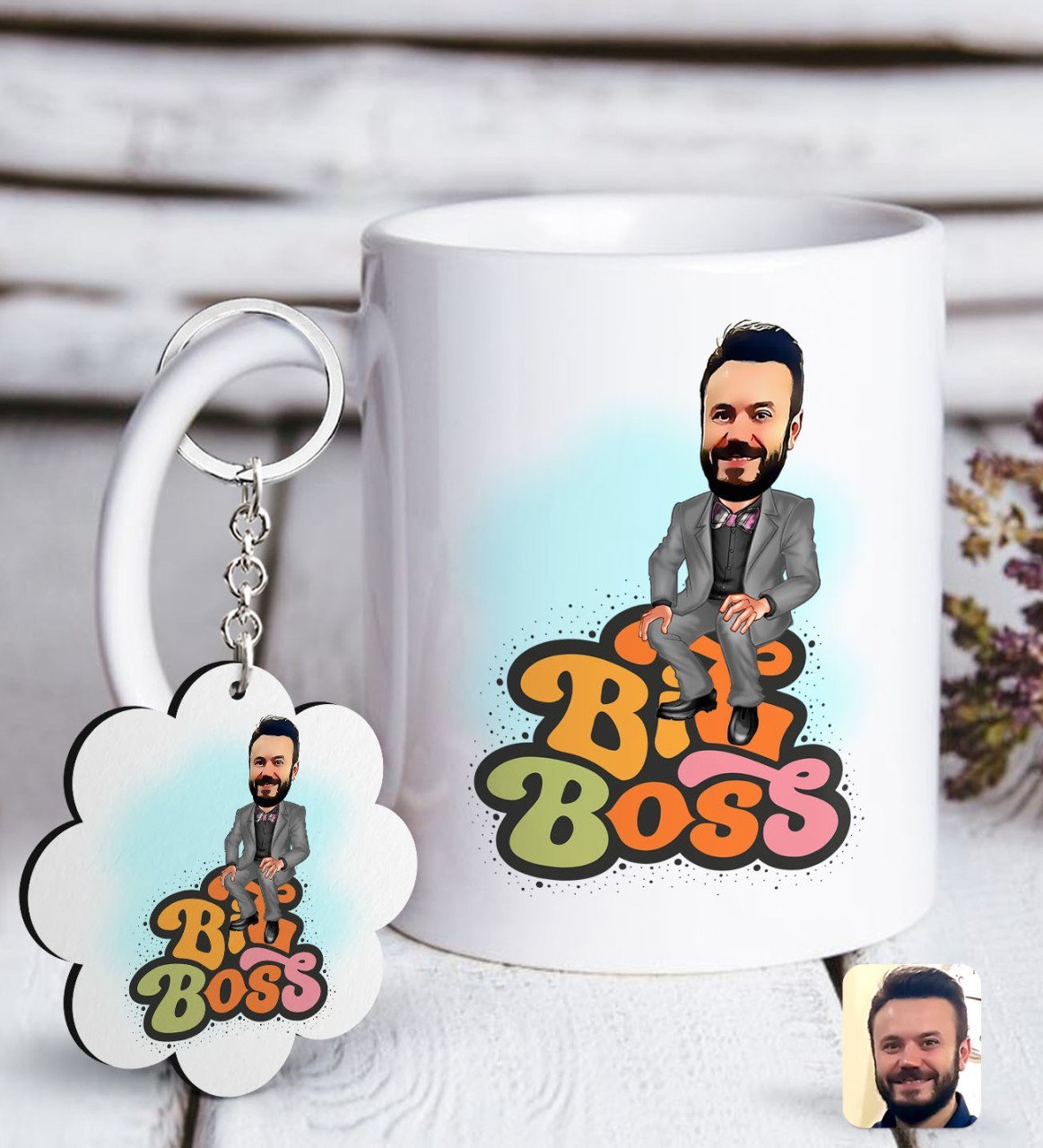 Kişiye Özel Erkek Big Boss Karikatürlü Beyaz Kupa ve Anahtarlık Hediye Seti-3