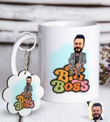 Kişiye Özel Erkek Big Boss Karikatürlü Beyaz Kupa ve Anahtarlık Hediye Seti-3