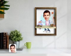 Kişiye Özel Erkek Elektrik Mühendisi Karikatürlü Doğal Masif Ahşap Çerçeveli Tablo Duvar Rafı-1