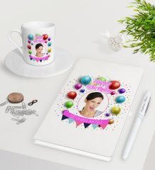 Kişiye Özel Fotoğraflı Doğum Günü Beyaz Defter Kalem Türk Kahvesi Fincanı Seti-8