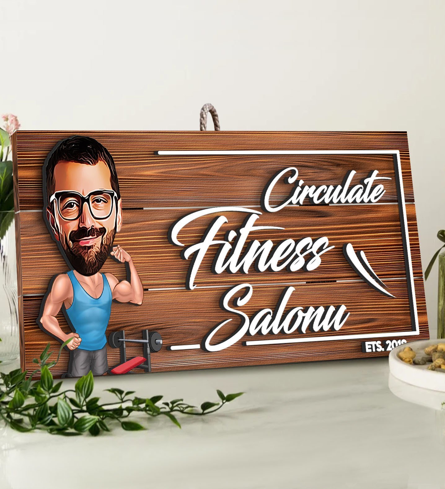 BK Gift Kişiye Özel Fitness Salonu Karikatürlü Dekoratif Ahşap Tabela