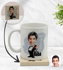 Kişiye Özel Baba Godfather Karikatürlü Beyaz Kupa Bardak ve Ahşap Bardak Altlığı Hediye Seti - Model 1