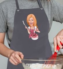 BK Gift Kişiye Özel Kadın Aşçı Karikatürlü Profesyonel Antrasit Mutfak Önlüğü, Aşçı Önlüğü, Şef Önlüğü, Arkadaşa Hediye-1
