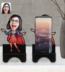 Kişiye Özel Süper Anne Karikatürlü Ahşap Biblo Telefon Standı-1