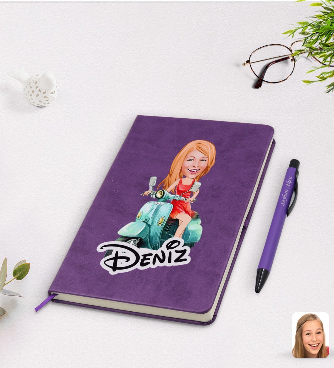 Kişiye Özel Kadın Karikatürlü Mor Termo Deri Defter Kalem Seti Model 24