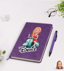 Kişiye Özel Kadın Karikatürlü Mor Termo Deri Defter Kalem Seti Model 24