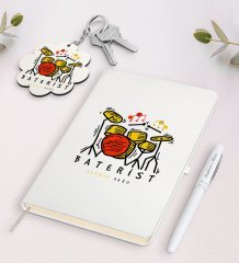 Kişiye Özel Baterist Beyaz Defter Kalem ve Anahtarlık Hediye Seti-2