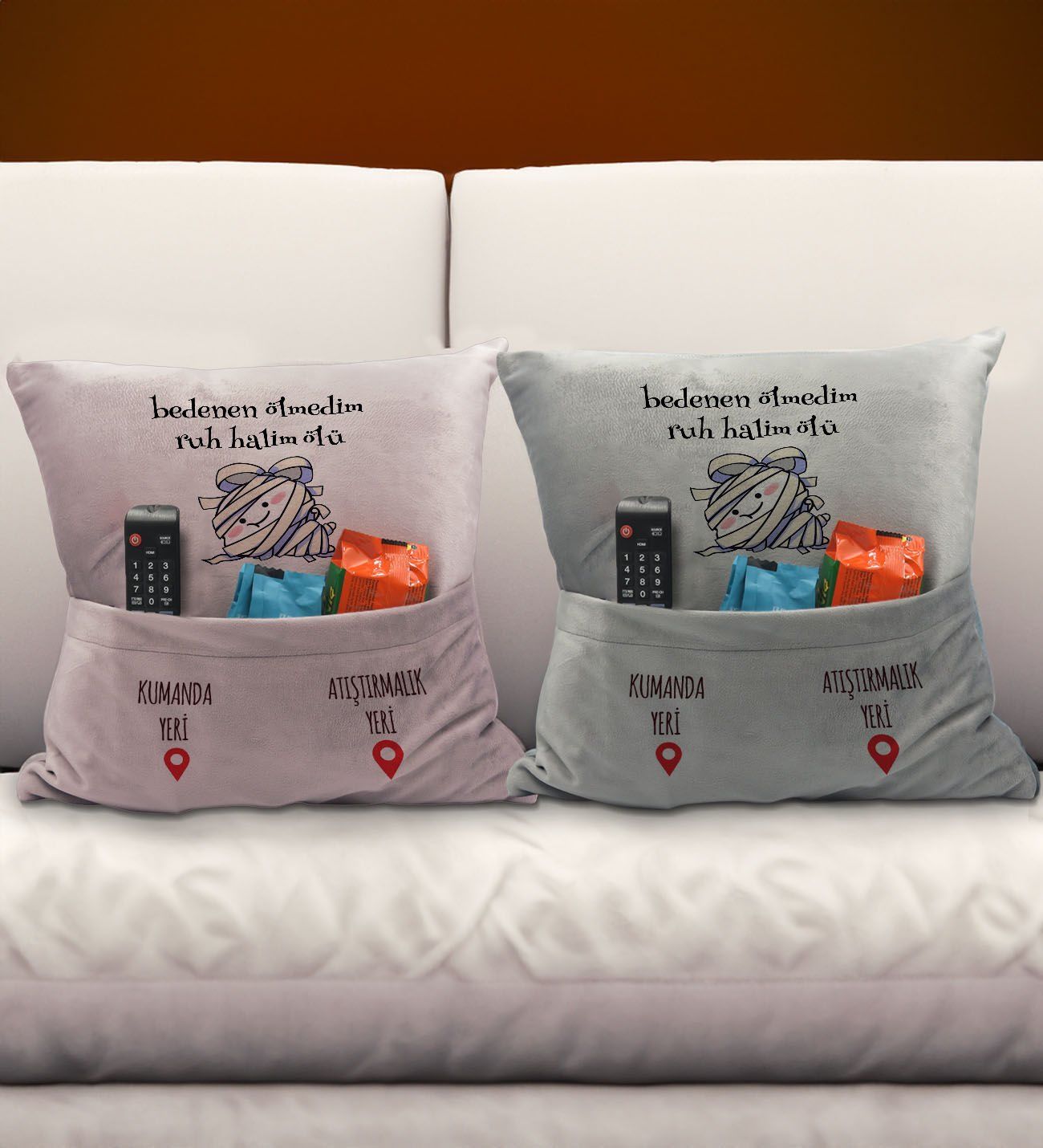 BK Gift Eğlenceli Tasarımlı 2'li Organizer Kumanda ve Atıştırmalık Cepli Pembe&Gri Kırlent Yastık- 8, Ev Dekoru, Ev Hediyesi