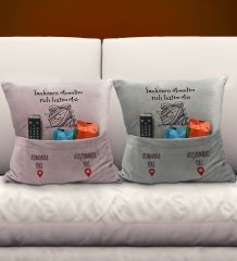 BK Gift Eğlenceli Tasarımlı 2'li Organizer Kumanda ve Atıştırmalık Cepli Pembe&Gri Kırlent Yastık- 8, Ev Dekoru, Ev Hediyesi