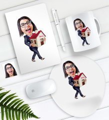Kişiye Özel Bayan Gayrimenkul Danışmanı Karikatürlü Defter Kalem Kupa Mouse Pad Seti-1