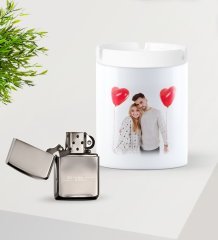 Kişiye Özel Fotoğraflı Silver Benzinli Metal Çakmak ve Seramik Kül Tablası Seti-1