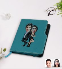 Kişiye Özel Sevgililer Karikatürlü Turkuaz Termo Deri Defter-6