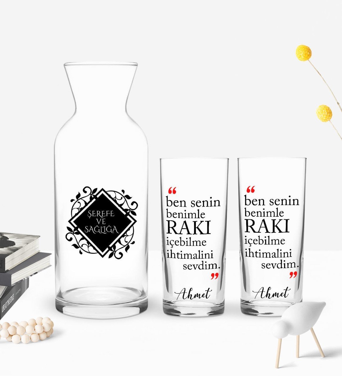 Kişiye Özel Renkli Baskılı Rakı İçebilme İhtimali Tasarımlı İkili Rakı Bardağı ve Karaf Hediye Seti-1