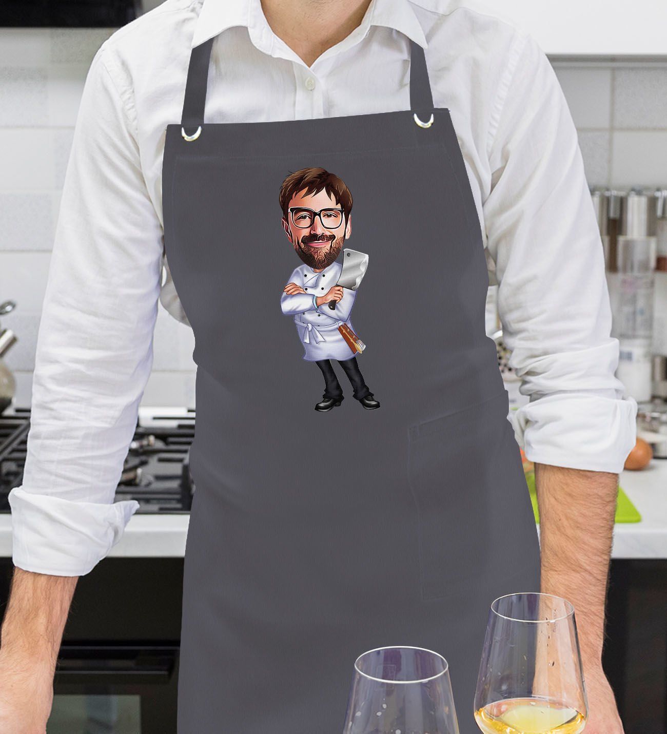 BK Gift Kişiye Özel Erkek Chef Karikatürlü Profesyonel Antrasit Mutfak Önlüğü, Aşçı Önlüğü, Şef Önlüğü, Arkadaşa Hediye-20