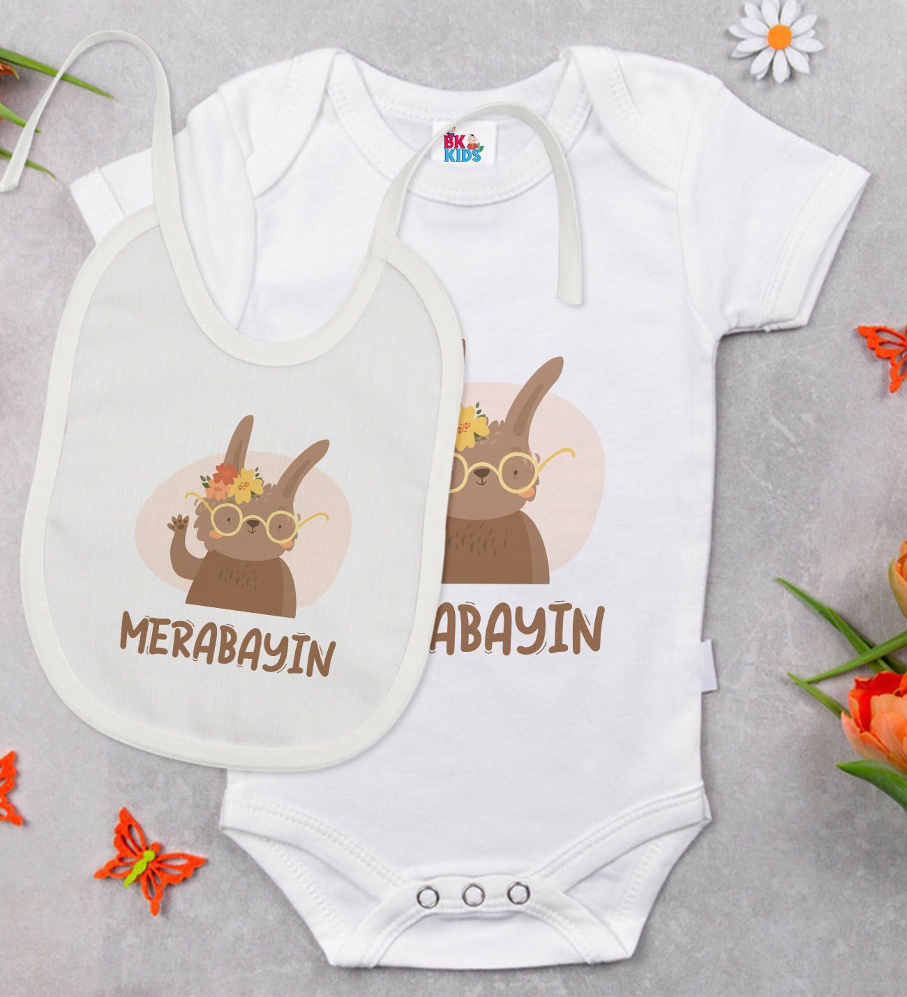 BK Kids Merabayın Tasarımlı Beyaz Bebek Body Zıbın ve Mama Önlüğü Hediye Seti-1