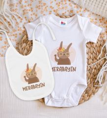 BK Kids Merabayın Tasarımlı Beyaz Bebek Body Zıbın ve Mama Önlüğü Hediye Seti-1