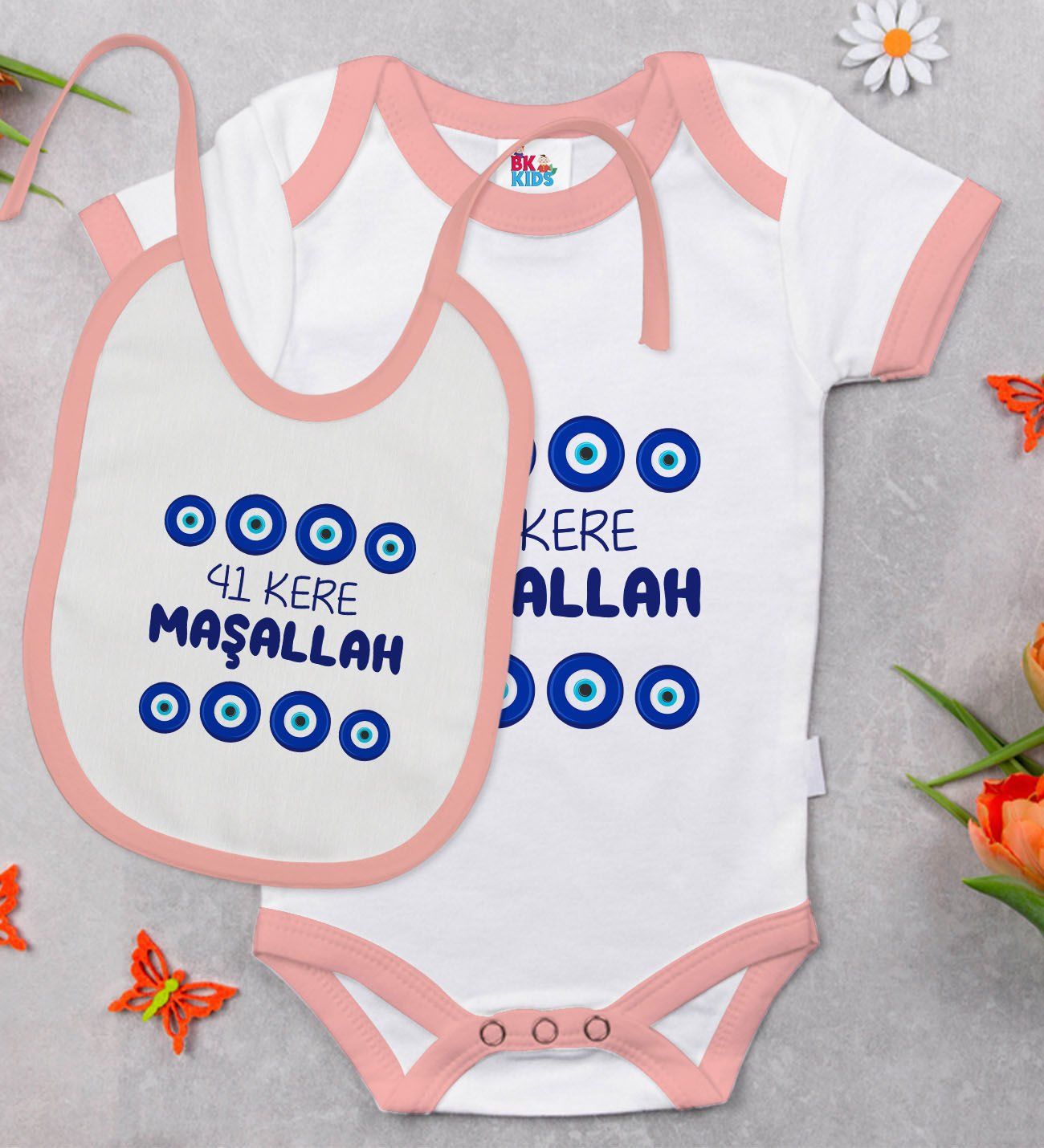 BK Kids Maşallah Tasarımlı Pembe Bebek Body Zıbın ve Mama Önlüğü Hediye Seti-2