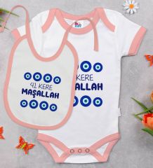 BK Kids Maşallah Tasarımlı Pembe Bebek Body Zıbın ve Mama Önlüğü Hediye Seti-2