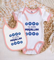 BK Kids Maşallah Tasarımlı Pembe Bebek Body Zıbın ve Mama Önlüğü Hediye Seti-2