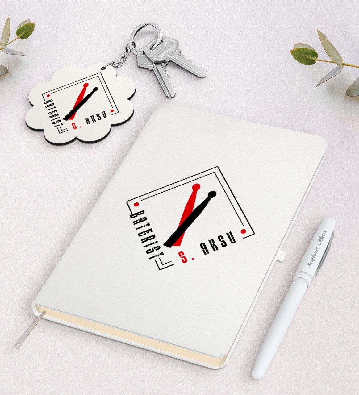 Kişiye Özel Baterist Beyaz Defter Kalem ve Anahtarlık Hediye Seti-1