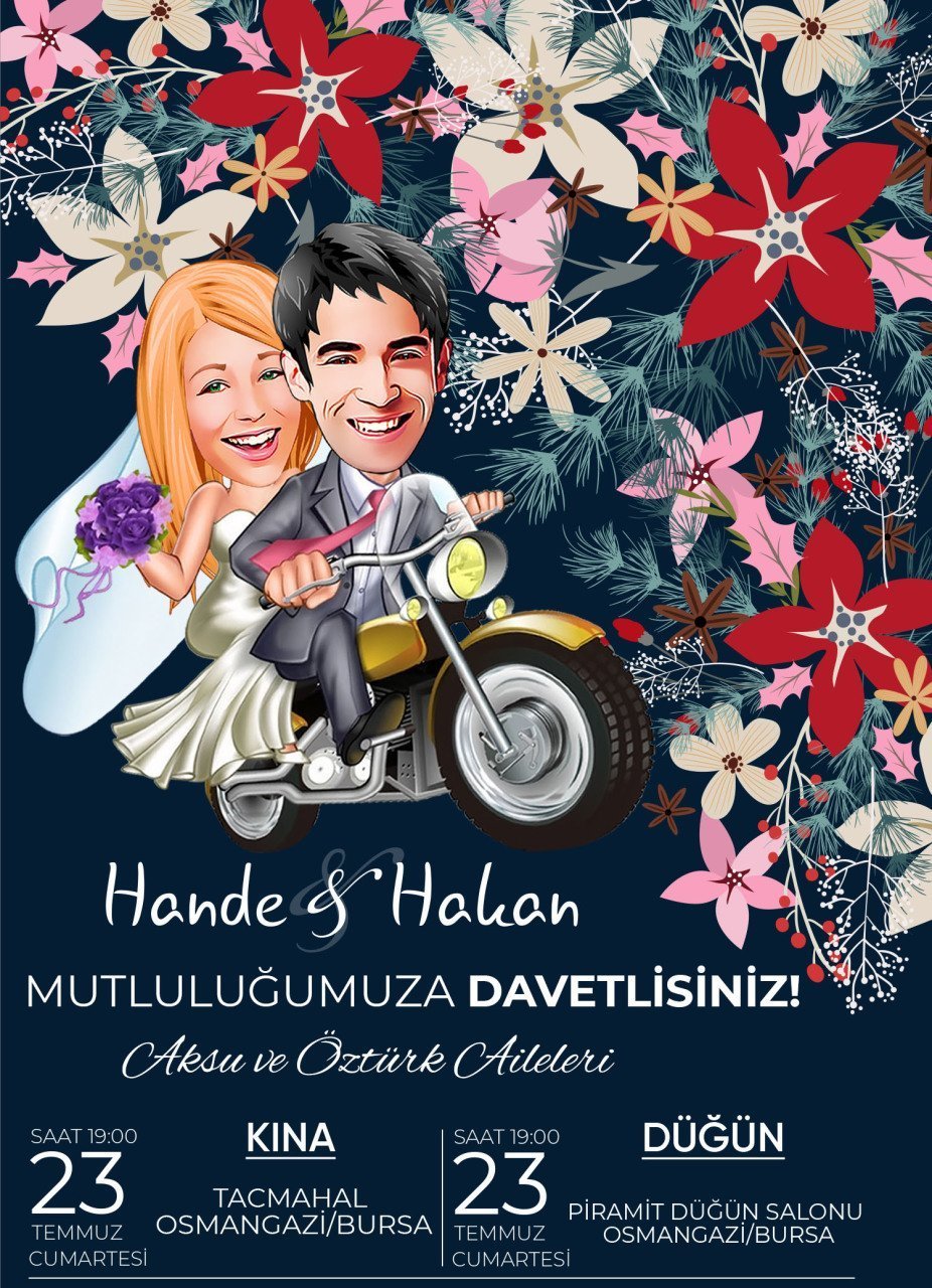 Kişiye Özel Karikatürlü Bitmeyen Düğün Davetiyesi Model 105