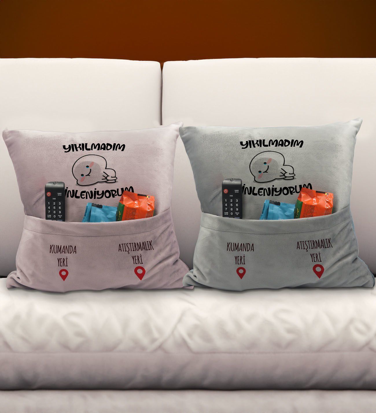 BK Gift Eğlenceli Tasarımlı 2'li Organizer Kumanda ve Atıştırmalık Cepli Pembe&Gri Kırlent Yastık- 7, Ev Dekoru, Ev Hediyesi