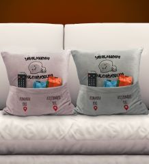 BK Gift Eğlenceli Tasarımlı 2'li Organizer Kumanda ve Atıştırmalık Cepli Pembe&Gri Kırlent Yastık- 7, Ev Dekoru, Ev Hediyesi