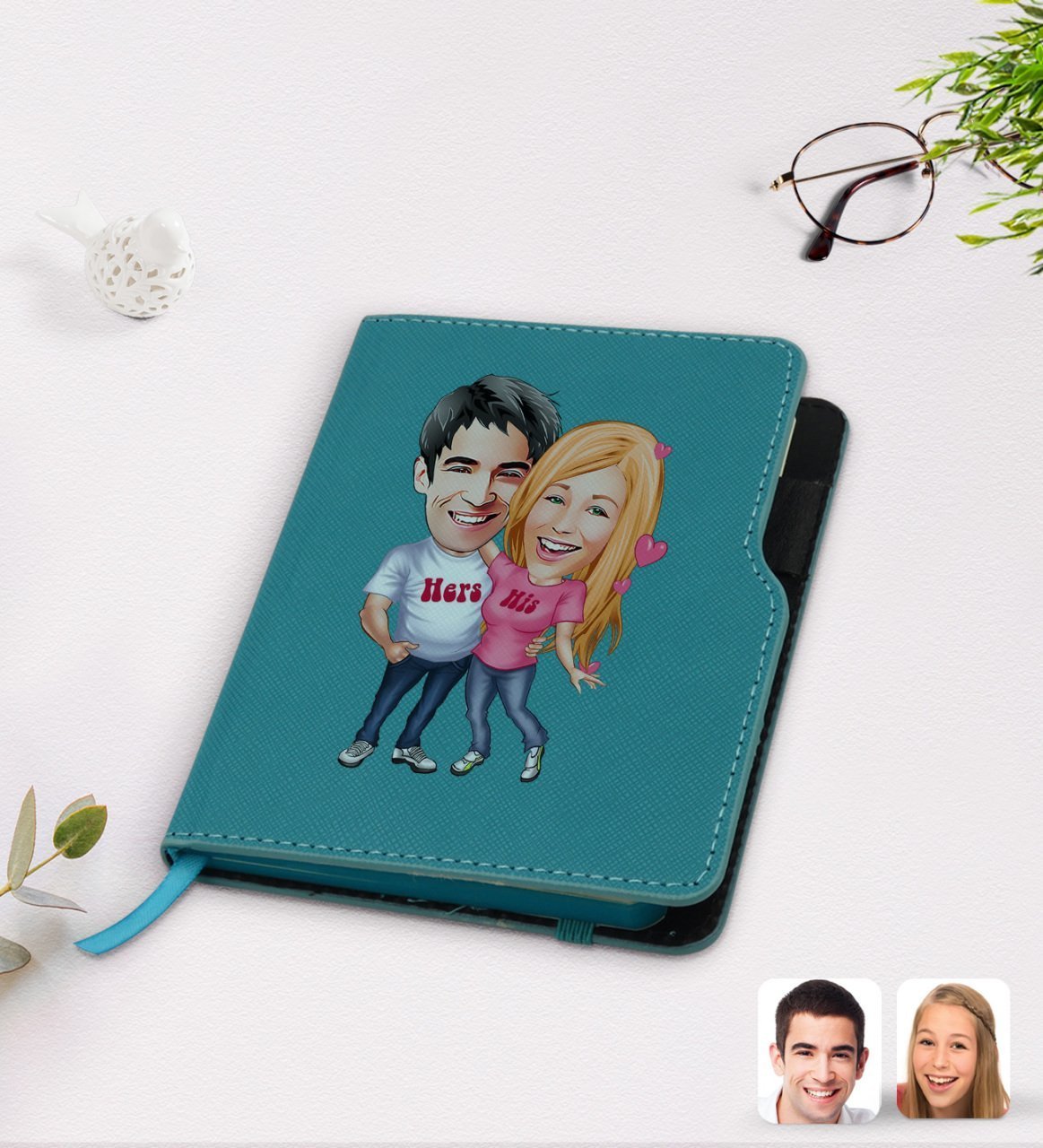 Kişiye Özel Sevgililer Karikatürlü Turkuaz Termo Deri Defter-5