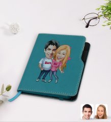 Kişiye Özel Sevgililer Karikatürlü Turkuaz Termo Deri Defter-5