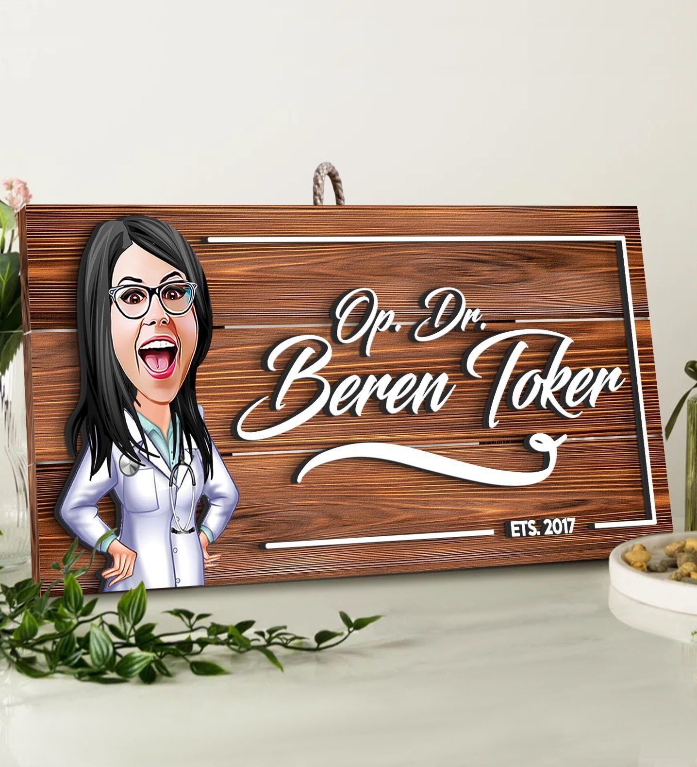 BK Gift Kişiye Özel Doktor Karikatürlü Dekoratif Ahşap Tabela