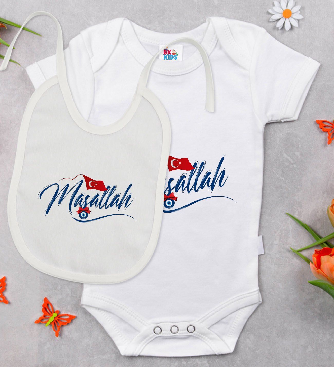 BK Kids Maşallah Tasarımlı Beyaz Bebek Body Zıbın ve Mama Önlüğü Hediye Seti-3