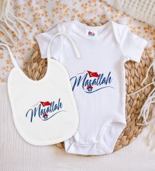BK Kids Maşallah Tasarımlı Beyaz Bebek Body Zıbın ve Mama Önlüğü Hediye Seti-3