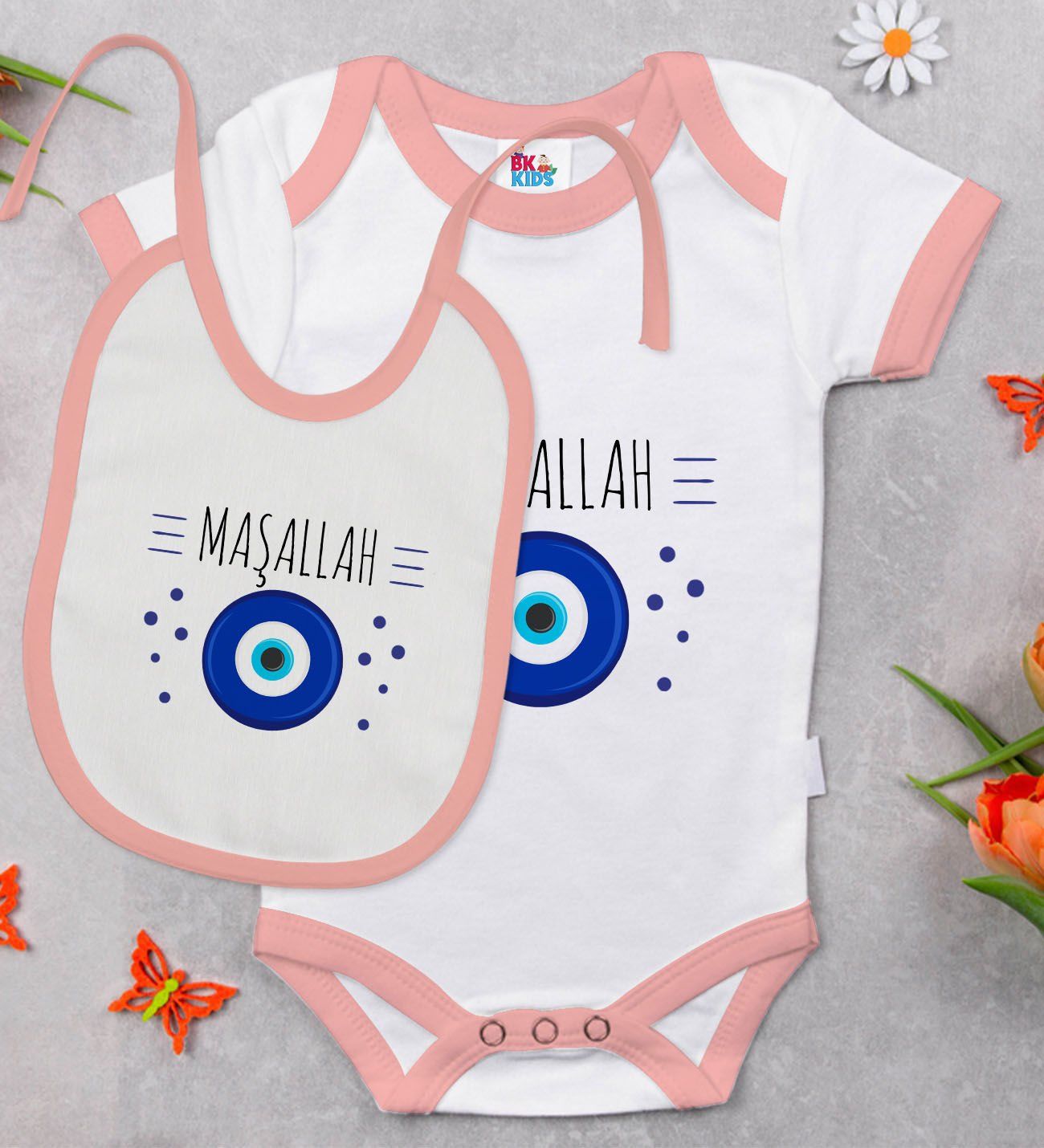 BK Kids Maşallah Tasarımlı Pembe Bebek Body Zıbın ve Mama Önlüğü Hediye Seti-1