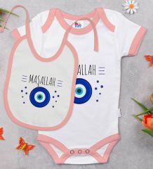 BK Kids Maşallah Tasarımlı Pembe Bebek Body Zıbın ve Mama Önlüğü Hediye Seti-1