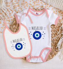 BK Kids Maşallah Tasarımlı Pembe Bebek Body Zıbın ve Mama Önlüğü Hediye Seti-1