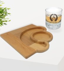 Kişiye Özel Çelenk Baş Harfli İsimli Viski Bardağı ve Doğal Masif Ahşap Yarım Ay Sunum Tabağı Çerezlik Hediye Seti-6