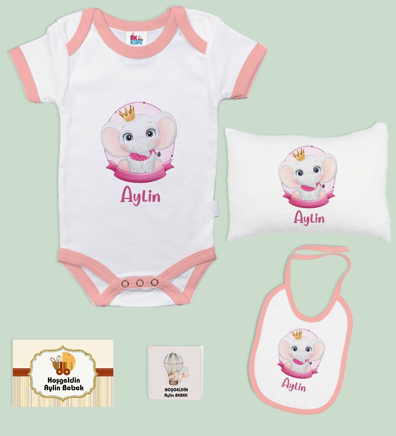 BK Kids Kişiye Özel İsimli 5 Parça Pembe Bebek Body Zıbın Yastık Hediye Seti, Yeni Doğan Bebek Giyim Hediyesi-3