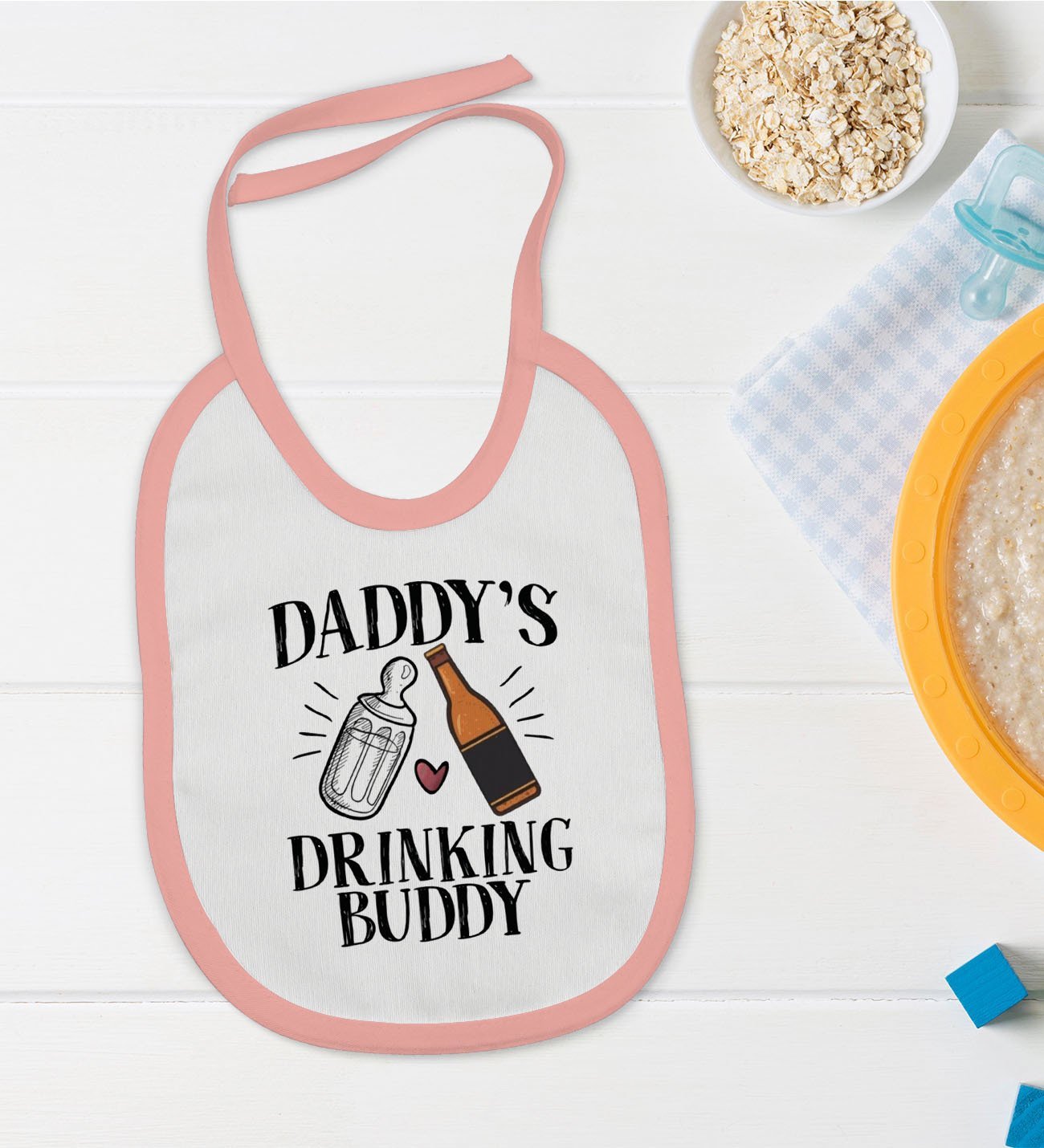 BK Kids Daddy's Drinking Buddy Tasarımlı Pembe Bebek Mama Önlüğü