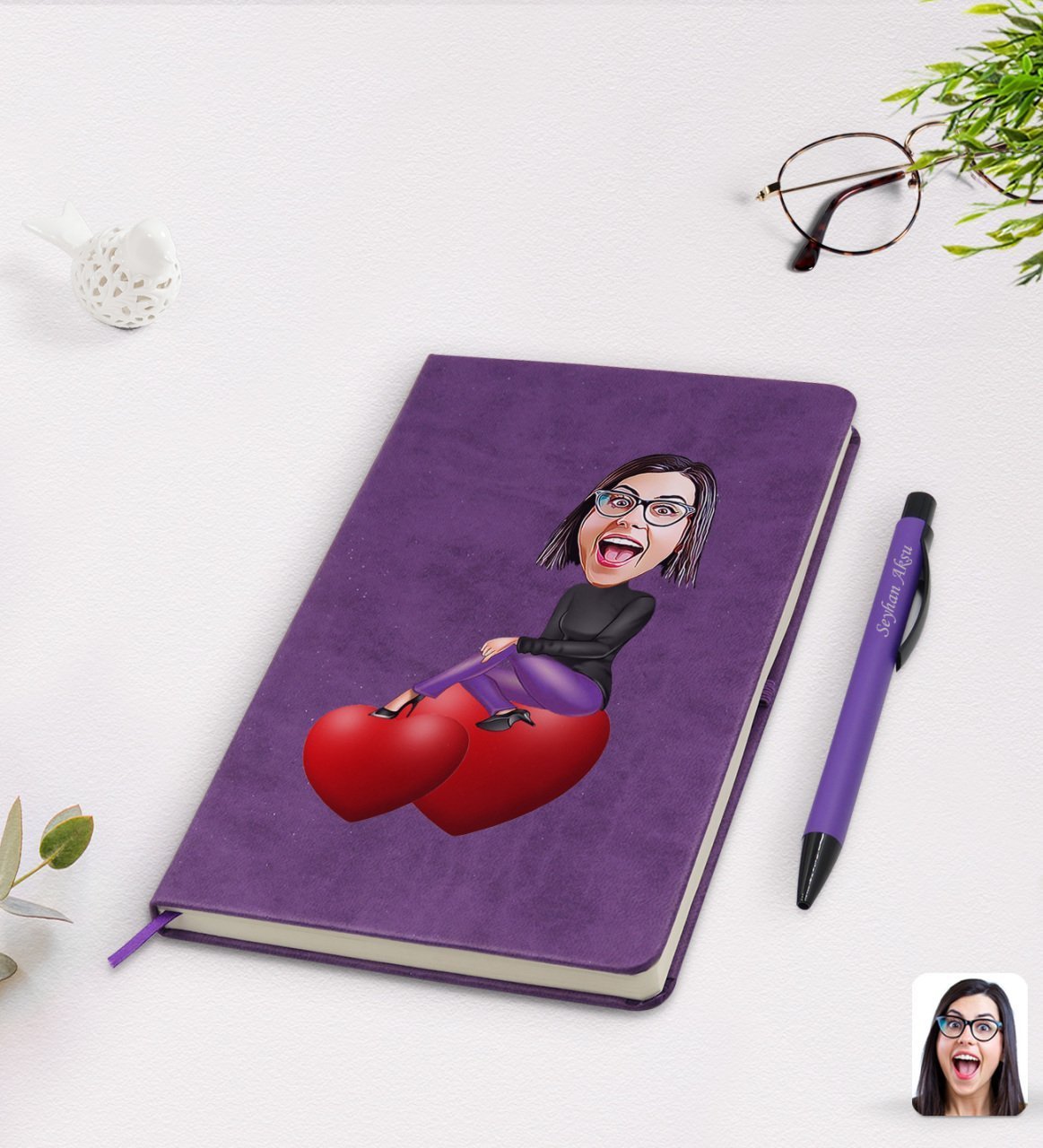 Kişiye Özel Kadın Karikatürlü Mor Termo Deri Defter Kalem Seti Model 2