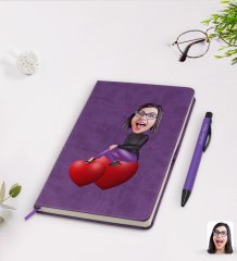 Kişiye Özel Kadın Karikatürlü Mor Termo Deri Defter Kalem Seti Model 2