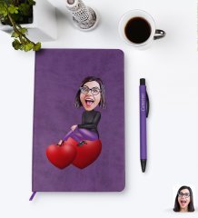 Kişiye Özel Kadın Karikatürlü Mor Termo Deri Defter Kalem Seti Model 2