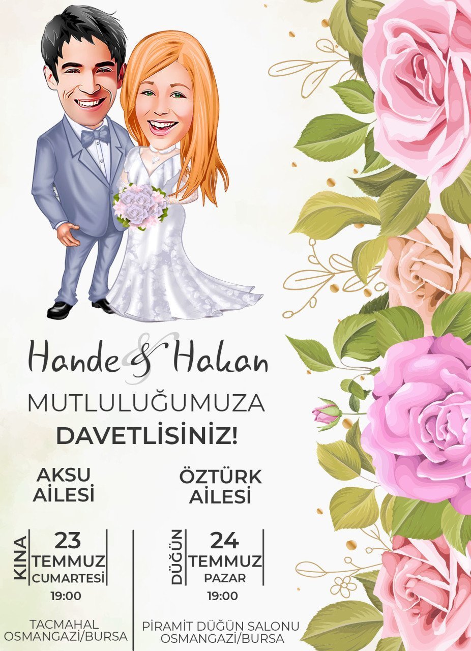 Kişiye Özel Karikatürlü Bitmeyen Düğün Davetiyesi Model 94