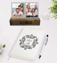 Kişiye Özel 2 Fotoğraflı Dekoratif Ahşap Stand ve Beyaz Defter Kalem Hediye Seti