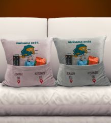 BK Gift Eğlenceli Tasarımlı 2'li Organizer Kumanda ve Atıştırmalık Cepli Pembe&Gri Kırlent Yastık- 6, Ev Dekoru, Ev Hediyesi