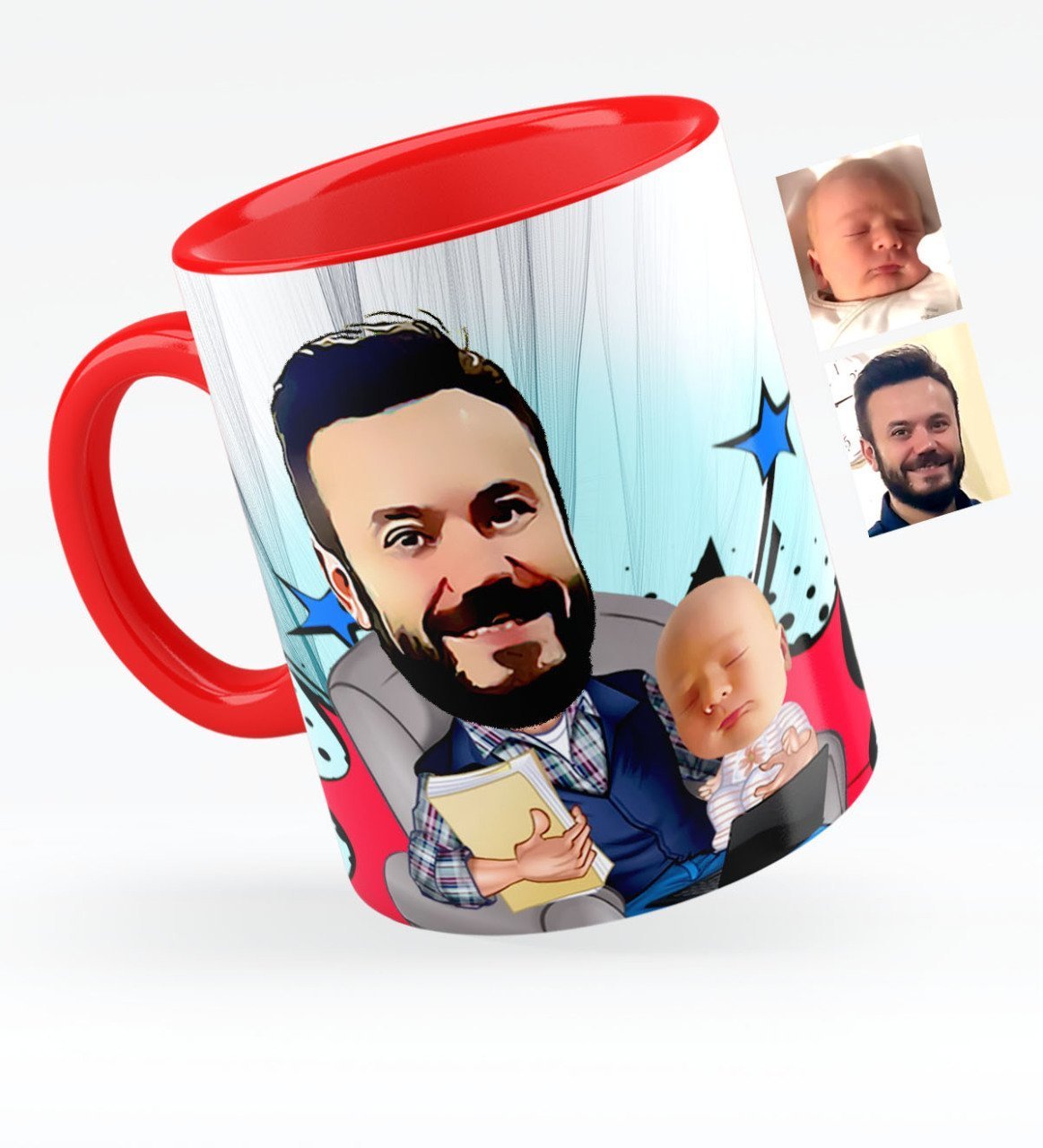 Kişiye Özel Baba Oğul Karikatürlü Kırmızı Kupa Bardak - 1