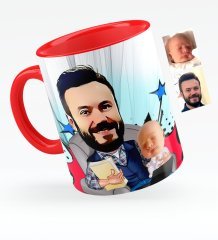 Kişiye Özel Baba Oğul Karikatürlü Kırmızı Kupa Bardak - 1