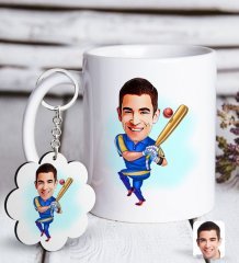Kişiye Özel Erkek Baseball Oyuncusu Karikatürlü Beyaz Kupa ve Anahtarlık Hediye Seti-1