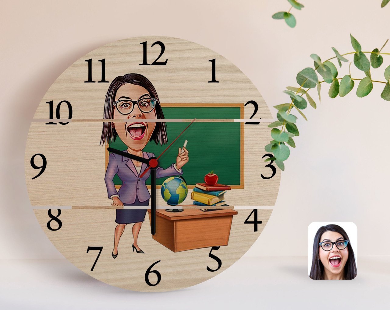Kişiye Özel Kadın Öğretmen Karikatürlü Otantik Ahşap Palet Saat-1
