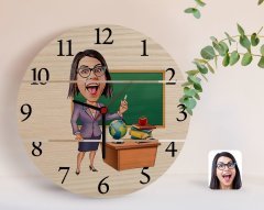 Kişiye Özel Kadın Öğretmen Karikatürlü Otantik Ahşap Palet Saat-1
