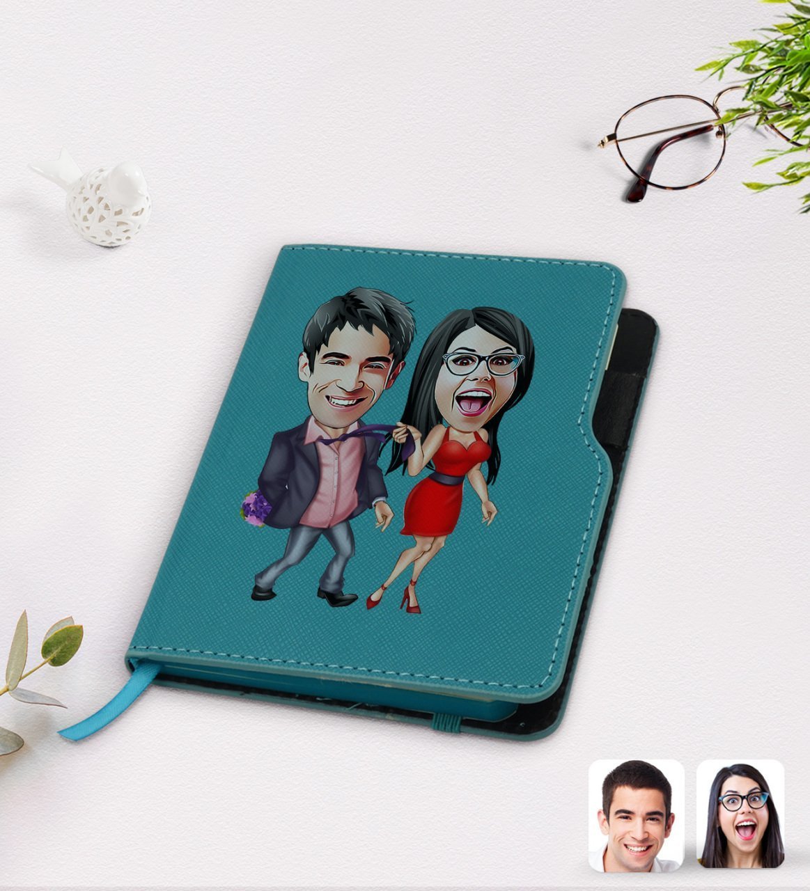 Kişiye Özel Sevgililer Karikatürlü Turkuaz Termo Deri Defter-4